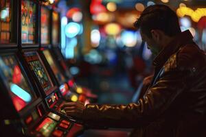 ai generato un' uomo giocando slot su un' casinò pavimento. generativo ai foto