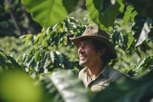 ai generato uomo tra il impianti su un' cacao piantagione. generativo ai foto