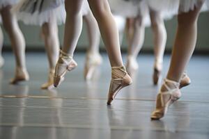 ai generato vicino su di il gambe di un' balletto classe nel un' riga. generativo ai foto