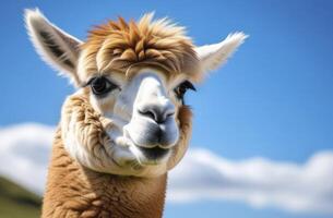 ai generato un' ritratto di divertente alpaca animale pascolo su verde campo su blu cielo foto