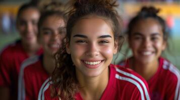 ai generato sorridente giovane femmina calcio giocatore con compagni di squadra nel rosso maglie. foto