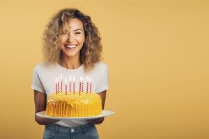 ai generato bellissimo contento giovane donna In piedi al di sopra di giallo sfondo, Tenere compleanno torta con candela su un' piatto foto