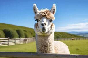 ai generato un' ritratto di divertente alpaca animale pascolo su verde campo su blu cielo foto