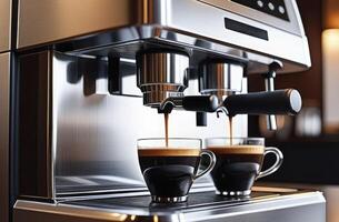 ai generato avvicinamento tiro di caffè espresso scrosciante a partire dal un' caffè macchina in un' tazza di caffè. professionale caffè preparazione foto
