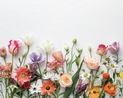 ai generato vivace mazzo di assortito fiori su incontaminato morbido sfondo foto