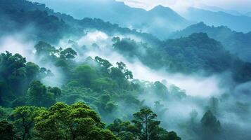 ai generato incanto su il avvolta dalla nebbia verde montagne foto