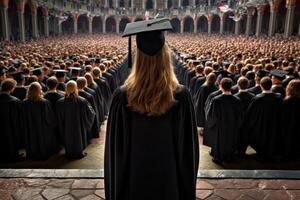 ai generato Università diplomato ragazza nel nero cappello e toga sembra a folla. generativo ai foto