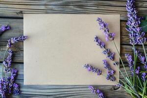 ai generato vuoto beige saluto carta con lavanda fiori su rustico di legno tavolo piatto posizione. superiore Visualizza di nozze finto su o donne giorno sfondo. primavera vuoto cartolina foto