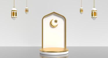 lusso Ramadan 3d podio decorazione con lanterna e moschea ornamento. islamico Schermo podio decorazione. concetto di islamico celebrazione. 3d interpretazione foto