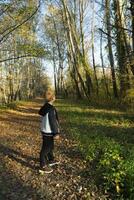 un' giovane ragazzo a piedi su un' sentiero nel il boschi foto