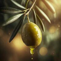 ai generato oliva con un' olio far cadere e le foglie foto