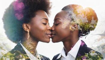 ai generato Due lgbt donne siamo baci ogni altro e condivisione un' appassionato e intimo momento foto