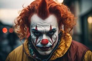 ai generato un il male clown con rosso capelli e un' rosso naso è indossare un' giallo attrezzatura spirito arancia capelli foto