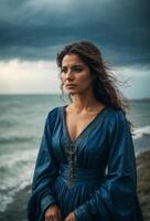 ai generato un' depresso solitario donna è in piedi su un oceano riva indossare un' blu vestito foto