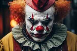 ai generato un il male clown con rosso capelli e un' rosso naso è indossare un' giallo attrezzatura spirito arancia capelli foto