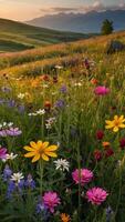 ai generato Fiore di campo Paese delle meraviglie prato scoppiando con colorato fioriture foto