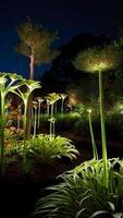 ai generato raggiante giardini illuminato botanico viene visualizzato dopo buio foto