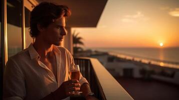 ai generato giovane uomo su balcone con bere. tropicale ricorrere paesaggio, sera tramonto. riposo e vacanza nel lusso Hotel. ritratto di rispettabile uomo. ai generato foto