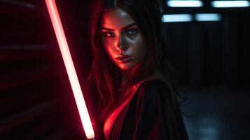 ai generato donna nel rosso neon sfondo. futuristico leggero splendore e caucasico ragazza modello. foto