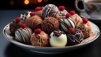 ai generato cioccolato dolce, buongustaio indulgenza, dolce lampone caramella, buio variazione generato di ai foto