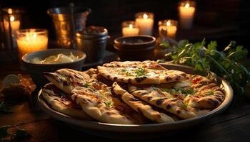 ai generato freschezza e calore su un' buio tavolo, fatti in casa buongustaio ancora vita generato di ai foto