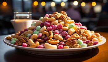 ai generato buongustaio dolce merenda al chiuso, dolce cibo freschezza su tavolo generato di ai foto