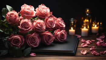 ai generato romantico amore su un' di legno tavolo, fresco fiori come decorazione generato di ai foto