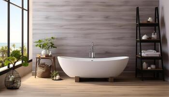 ai generato moderno, elegante bagno design con lussuoso vasca da bagno, pulito e confortevole generato di ai foto