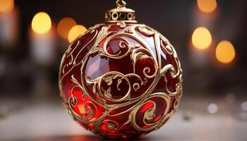 ai generato Natale ornamento raggiante oro, decorazione albero con vivace eleganza generato di ai foto