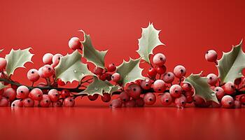 ai generato inverno celebrazione rosso sfondo, regalo, bacca frutta, carino decorazione generato di ai foto