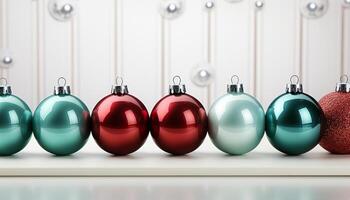 ai generato un' festivo collezione di luminosa, brillante Natale ornamenti nel un' riga generato di ai foto