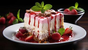 ai generato un' buongustaio dolce piatto con fresco frutti di bosco e frustato crema generato di ai foto