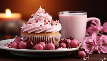 ai generato appena al forno cupcakes con rosa glassatura e cioccolato decorazioni su un' di legno tavolo generato di ai foto