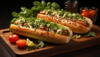 ai generato grigliato carne Sandwich con fresco pomodoro su Ciabatta pane generato di ai foto