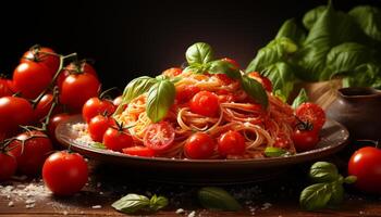 ai generato fresco pomodoro pasta, un' salutare vegetariano pasto su di legno tavolo generato di ai foto