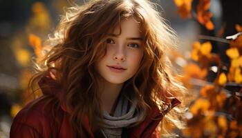 ai generato sorridente giovane donna nel autunno foresta, godendo natura bellezza generato di ai foto
