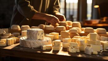 ai generato craftsperson fabbricazione buongustaio formaggio nel un' francese cibo fabbrica generato di ai foto