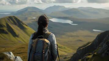 ai generato giovane donna sta su montagna picco Abbracciare una persona espansivo valle Visualizza nel morbido naturale leggero foto