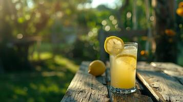 ai generato rinfrescante ghiacciato limonata con Limone fetta e menta contro luminosa all'aperto terrazza sfondo foto