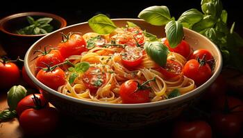 ai generato fresco vegetariano pasta insalata con ciliegia pomodori e erbe aromatiche generato di ai foto