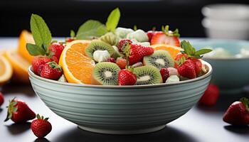 ai generato fresco frutta ciotola fragola, lampone, mirtillo, menta foglia, Kiwi generato di ai foto