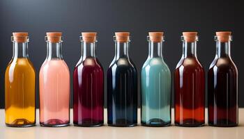 ai generato un' collezione di colorato vino bottiglie nel un' pulito studio generato di ai foto