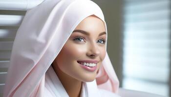ai generato giovane donna nel hijab, sorridente con un' bellissimo trentadue denti Sorridi generato di ai foto