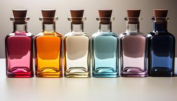 ai generato un' collezione di colorato medicina bottiglie riflette nel bicchiere generato di ai foto