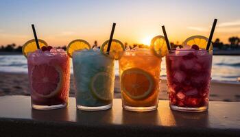 ai generato rinfrescante estate cocktail su tavolo, tramonto, spiaggia, tropicale frutta generato di ai foto