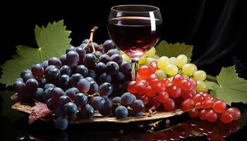 ai generato fresco uva grappoli su di legno tavolo, natura dolce celebrazione generato di ai foto