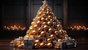 ai generato raggiante Natale albero si illumina gioia nel decorato vivente camera generato di ai foto