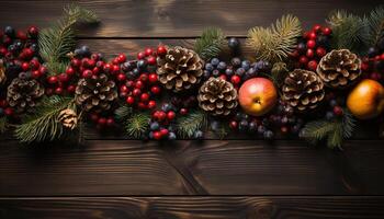 ai generato rustico legna tavolo ornato con festivo Natale decorazioni generato di ai foto