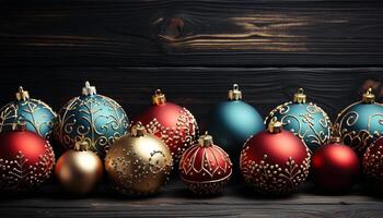 ai generato Natale ornamento decorazione su legna sfondo, brillante oro palla regalo generato di ai foto