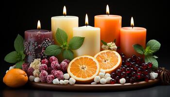 ai generato fresco frutta e lume di candela creare un' rilassante, salutare ambiance generato di ai foto